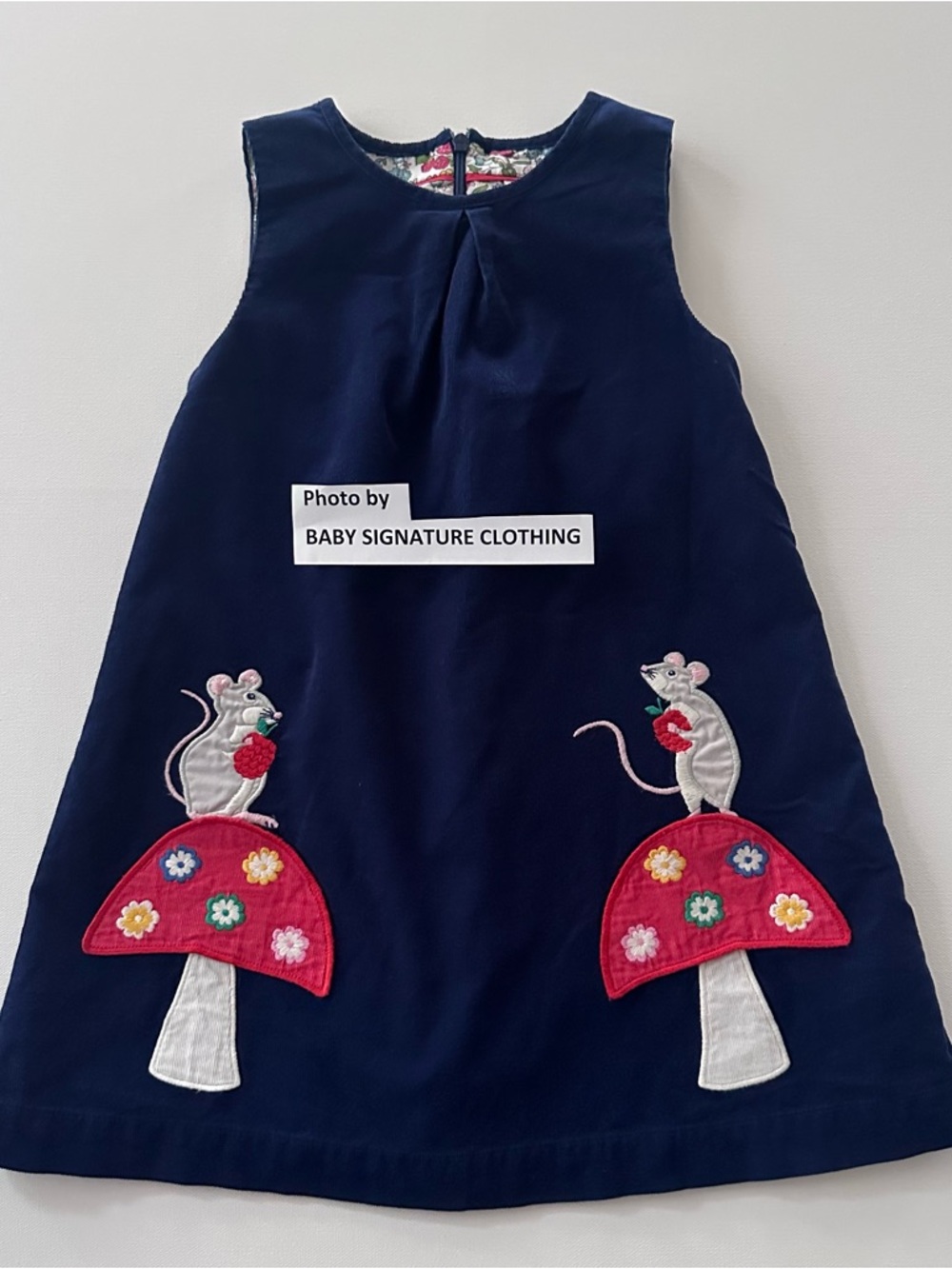 Mini Boden Girls 5-6 Navy Corduroy Dress Mushroom Pocket Mouse Floral Lined